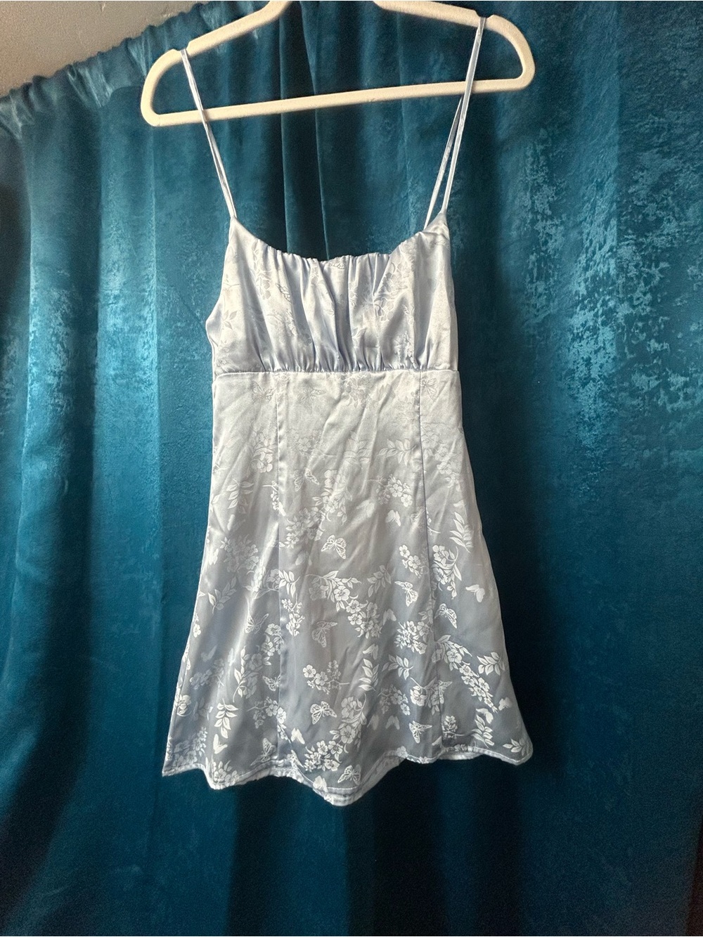 Light Blue Satin Floral Slip Chemise with Adjustable Straps